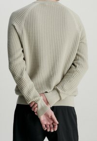 Hellbeige strukturiertes Strickpullover mit gerippten Bündchen und Saum, der ein Rautenmuster und Raglanärmel aufweist.