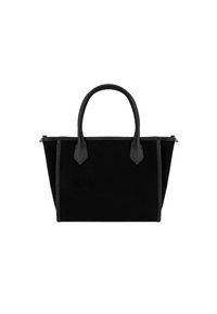 Czarna torebka z zamszowego materiału o strukturalnym kształcie, z podwójnymi skórzanymi akcentami o różnej fakturze i dwiema górnymi rączkami. Posiada zamek błyskawiczny zapewniający bezpieczne przechowywanie.