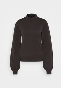 Dunkelbrauner langärmeliger Pullover mit hohem Kragen und puffigen Ärmeln, gerippten Bündchen und Saum, auf hellgrauem Hintergrund präsentiert.