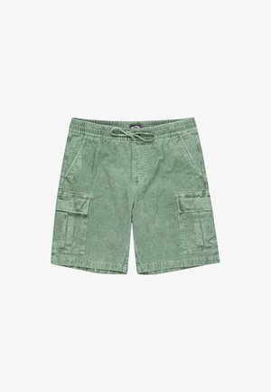 Shorts cargo verts en tissu texturé avec une taille élastique et cordon de serrage, deux poches latérales et une grande poche cargo.