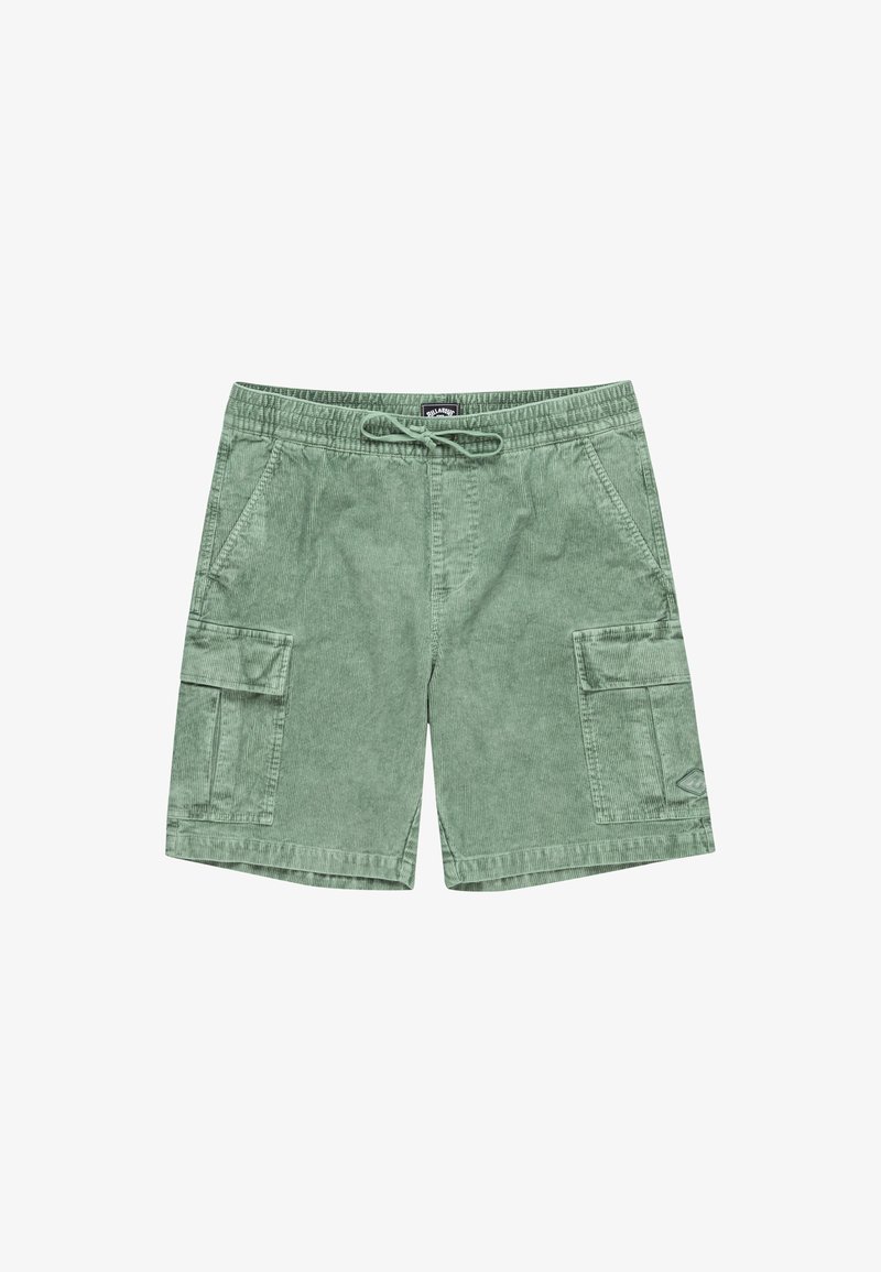 Green cargo shorts made of textured fabric featuring an elastic waist and drawstring, two side pockets, and one large cargo pocket.