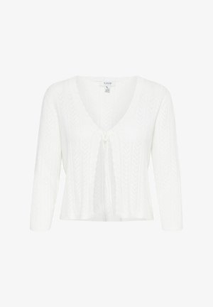 Cardigan scurt alb, realizat dintr-un material tricotat texturat, având guler în V, mâneci lungi și un sistem de închidere cu fundă în față, cu margine din frotiu.