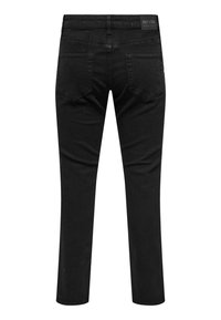 Czarne dżinsy z denimu o dopasowanym kroju, z klasyczną talią, dwoma tylnymi kieszeniami i minimalistycznymi zdobieniami. Gładka faktura, klasyczny design.