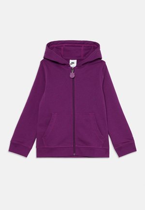 Hoodie zippé violet avec capuche, poches avant et poignets côtelés. Fabriqué en tissu lisse, il présente une petite étiquette de logo à l'intérieur du col.