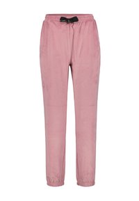 Roze zachte joggerbroeken van stof met een elastische tailleband, zwarte strik voor de trekkoord, zijzakken en elastische boorden.