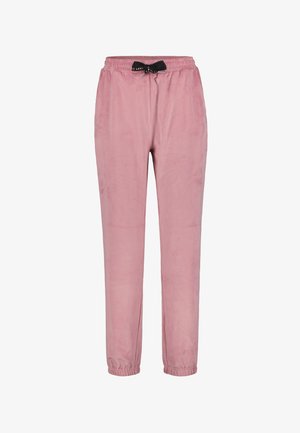 Pantalones jogger de tela suave y rosa con cintura elástica, lazo negro de cordón, bolsillos laterales y puños elásticos.