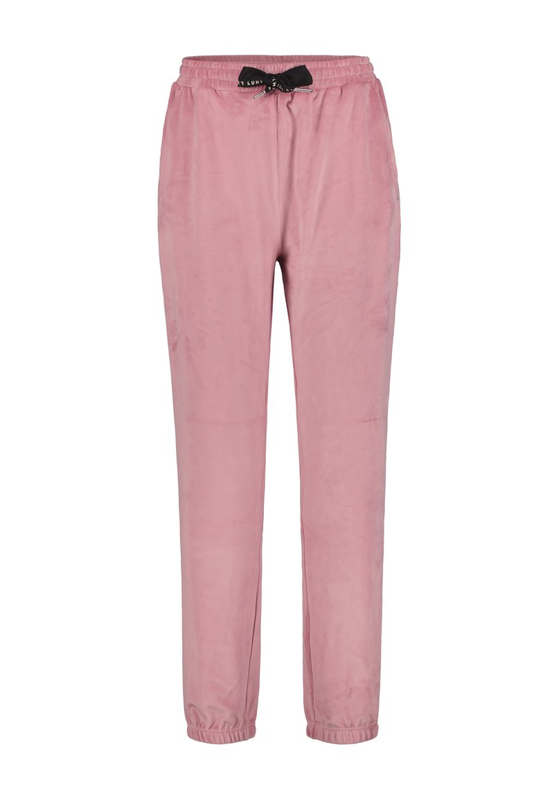 Roze zachte joggerbroeken van stof met een elastische tailleband, zwarte strik voor de trekkoord, zijzakken en elastische boorden.