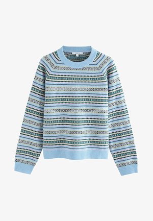 Blauer Strickpullover mit mehrfarbigen horizontalen Streifen und Mustern, gerippten Bündchen und Saum sowie einem Rundhalsausschnitt.