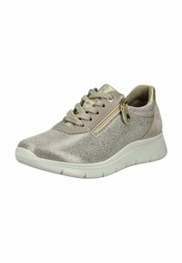 Baskets à lacets en beige métallique texturé avec une semelle lisse grise claire, présentant une fermeture éclair décorative sur le côté.