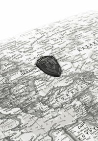 Koffer aus Hartschale mit Kartenmotiv und schwarzem Logo. Das Design beinhaltet Ländernamen und Stadtstandorte in Grau- und Weißtönen.