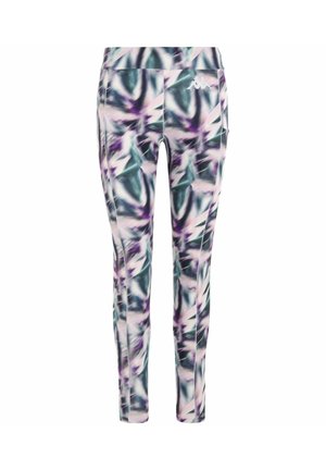 Leggings aderenti con un motivo astratto multicolore che presenta tonalità di verde, viola e rosa. Realizzate in un tessuto liscio ed elastico.