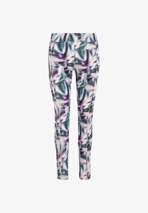 Leggings aderenti con un motivo astratto multicolore che presenta tonalità di verde, viola e rosa. Realizzate in un tessuto liscio ed elastico.