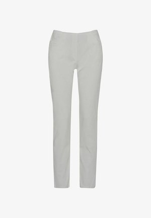 Lichtgrijze broek met een rechte snit, voorzien van zijzakken en een gladde, zachte stofstructuur. Geen zichtbare patronen of hardware-details.