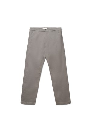 Pantaloni grigi a gamba dritta con tasche anteriori, passanti per cintura e chiusura con bottoni, stesi su sfondo bianco.