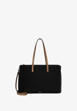 Schwarze Handtasche aus glattem Synthetikmaterial mit zwei hellbraunen Schulterriemen und einem abnehmbaren Umhängeriemen; Reißverschlussverschluss oben.