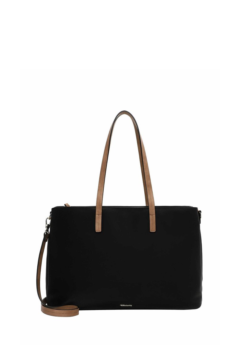 Zwarte handtas van glad synthetisch materiaal met twee tan schouderbanden en een afneembare crossbodyband; ritssluiting aan de bovenkant.