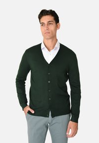 Cardigan verde a maglia con scollo a V, bottoni frontali e maniche lunghe. Il tessuto sembra liscio e aderente, abbinato a una camicia bianca sotto.