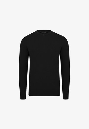 Czarny sweter z długim rękawem w serek, wykonany z miękkiej dzianiny. Posiada ribbowany dekolt i mankiety oraz gładką strukturę.