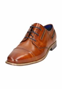 Braune Leder Schnürschuhe mit einer abgerundeten Zehenpartie, kontrastierenden dunklen Schnürsenkeln, dezenten Nähdetails und einem flachen Absatz. Texturiertes Obermaterial mit glänzender Oberfläche.