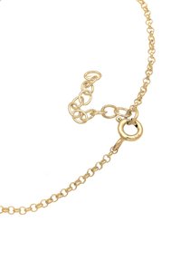 Guldtonad halsband med fina kedjelänkar; har en rund spärr och en justerbar förlängningskedja. Slät yta och enhetlig färg.