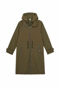 Manteau à capuche long vert olive avec fermeture éclair à l'avant, cordons de serrage réglables, poches latérales zippées et sangles aux poignets.