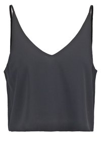 Crop top noir sans manches avec un décolleté en V, fabriqué dans un tissu doux, avec une coupe décontractée et des coutures minimales pour une silhouette épurée.