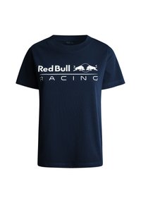 T-shirt in cotone blu navy con il logo "Red Bull Racing" in bianco, maniche corte, scollatura rotonda e vestibilità dritta.