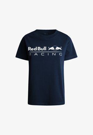 T-shirt in cotone blu navy con il logo "Red Bull Racing" in bianco, maniche corte, scollatura rotonda e vestibilità dritta.