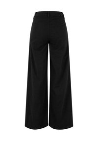 Pantalones negros de pierna ancha con cintura alta, trabillas para cinturón y bolsillos traseros, vistos desde atrás sobre un fondo blanco liso.