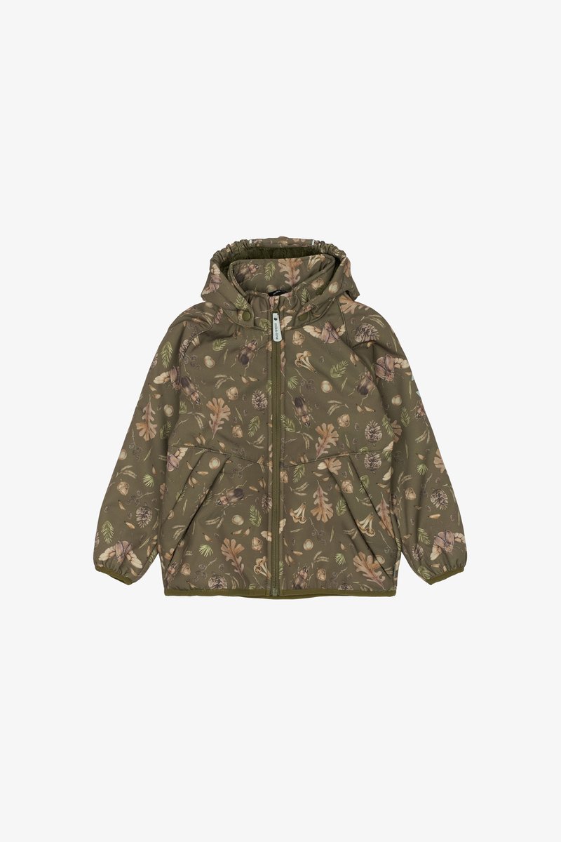 Žalia striukė su kapišonu, puošta žiedų ir lapų raštu žemės atspalviuose. Pagaminta iš lygaus, lengvo medžiagos. Su pilnu užtrauktuku.