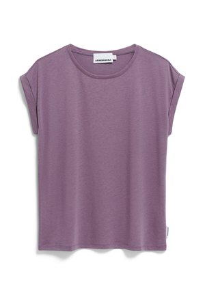 Purple short-sleeve t-shirt made of soft, lightweight fabric. Features a round neckline and rolled sleeves. Label visible at the neck.