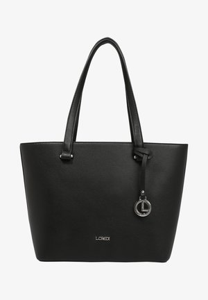 Schwarze Leder-Handtasche im minimalistischen Design, mit stabilen Griffen und einem silbernen Logo-Anhänger. Einfache, strukturierte Oberfläche.