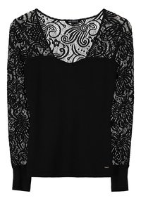 Černý top s dlouhým rukávem a krajkovými rukávy s jemnými vířivými vzory. Pevný černý korpus s kulatým průstřihem a přiléhavým střihem.