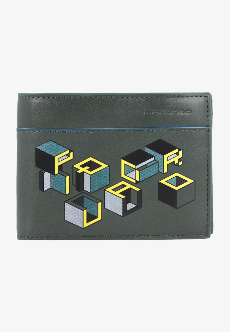 Portafoglio verde in pelle con motivi geometrici a cubo in blu, nero e giallo. Presenta un accento in blu impresso e bordi cuciti.