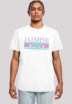 White cotton t-shirt featuring bold purple and teal text with the word "JASMINE" and decorative lamp graphics. Short sleeves, standard fit.