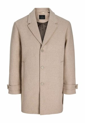 Manteau mi-long en laine beige avec trois boutons, revers à cran, poches latérales et brides de manchette boutonnées, présenté sur fond blanc.