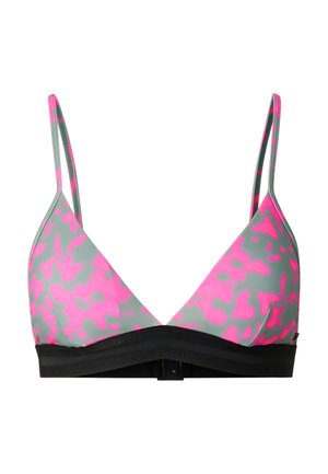 Haut de bikini triangle à motifs gris et rose avec fines bretelles réglables et bande élastique noire sous poitrine avec fermeture devant.