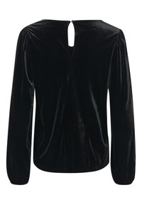Schwarze Samtbluse mit langen Ärmeln, einem Schlüsselloch-Detail im Rücken und einem abgerundeten Saum. Der Stoff hat eine glatte, weiche Textur mit dezentem Glanz.