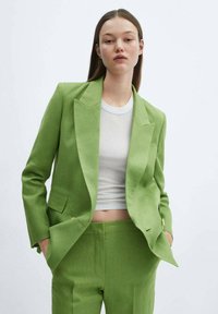 Groen linnen pak met een getailleerde blazer en recht gesneden broeken. De blazer heeft scherpe notched revers en twee voorzakken, gecombineerd met een witte top.