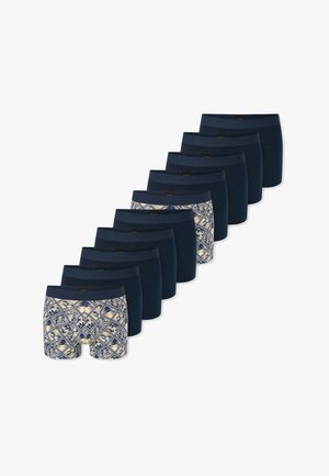 Dix boxers pour hommes en bleu marine, dont trois présentent un motif géométrique beige et bleu marine complexe, disposés en rangée décalée.