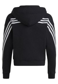 Czarny kaptur z trzema białymi paskami na ramionach i rękawach, z prążkowanymi mankietami i skróconym fasonem.