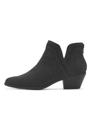 Black suede ankle boot with a pointed toe, perforated detailing along the edge, and a low stacked heel. Side zip closure for ease.