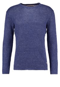 Maglione lavorato a maglia blu navy con finitura testurizzata, collo rotondo, maniche lunghe e un piccolo logo decorativo nell'angolo in basso a sinistra.