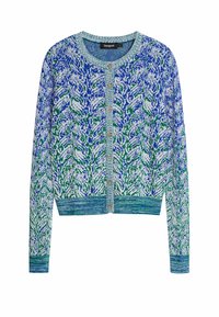 Monivärinen neuletakki sinisen ja vihreän sävyissä, jossa on kukkakuvio, napillinen edusta sekä resorit hihansuissa ja helmassa. Valmistettu teksturoidusta neuloksesta.