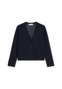 Cardigan bleu marine en tissu léger avec un col en V, des manches longues et six boutonnières à l'avant.