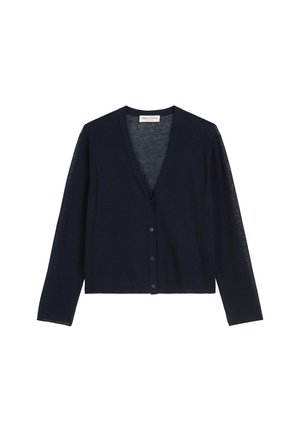 Marineblauer Cardigan aus leichtem Stoff mit V-Ausschnitt, langen Ärmeln und sechs Knopfverschlüssen auf der Vorderseite.
