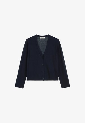 Cardigan blu navy realizzato in tessuto leggero, con scollo a V, maniche lunghe e sei bottoni di chiusura sul davanti.