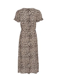 Leopardenmusterkleid mit kurzen, gerafften Ärmeln, taillierter Taille und knielangem Rock. Hergestellt aus leichtem Stoff mit fließender Textur.