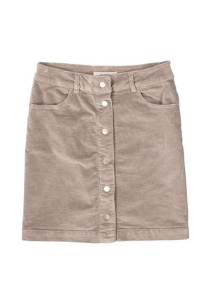 Jupe en velours côtelé beige à coupe droite, fermeture à boutons sur le devant et deux poches latérales. Tissu texturé avec des détails en côtes verticales.