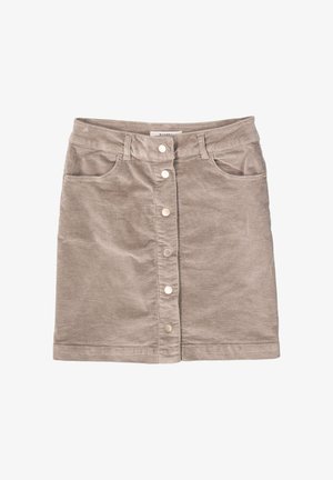 Beige corduroy rok met een rechte snit, sluiting met knopen aan de voorkant en twee zijzakken. Gelaagd stof met verticale ribbel details.